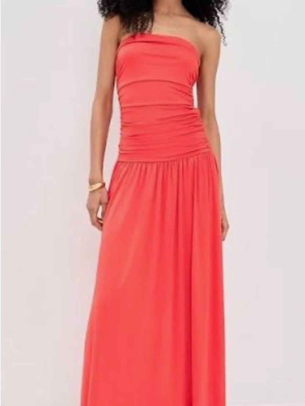 NWT Nia Strapless Coral Maxi Dress with Ruched Bodice